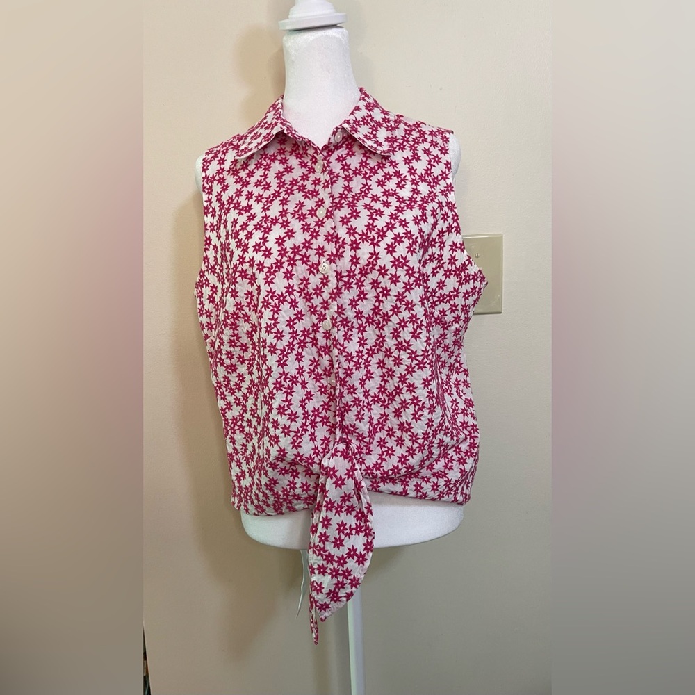 Talbots Women’s Pink Starts Embroidery Sleeveless Button & Tie Front Top Sz 14 - Picture 3 of 17